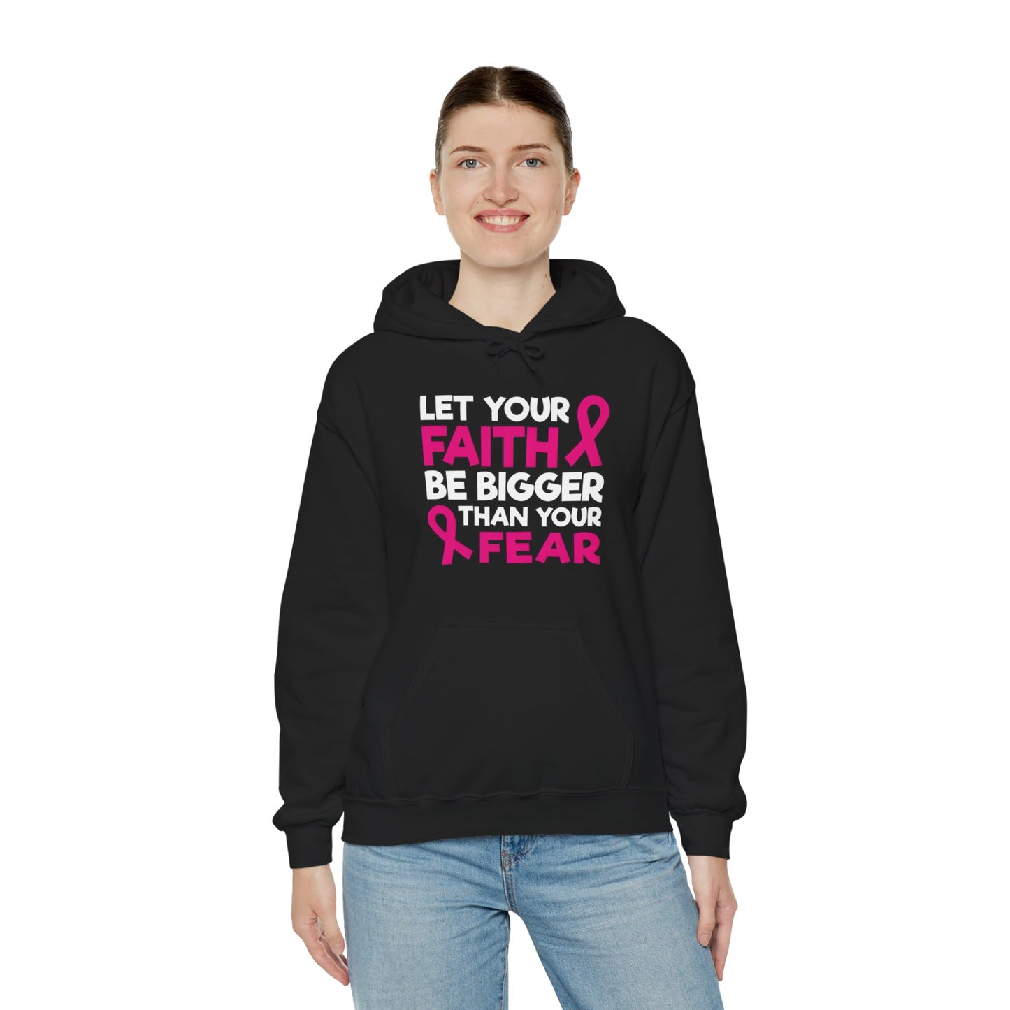 Pink Ribbon Faith Hooded Sweatshirt - Inspirational Gift for Breast Cancer Awareness, Cozy Fashion, Everyday Wear, Supportive Message