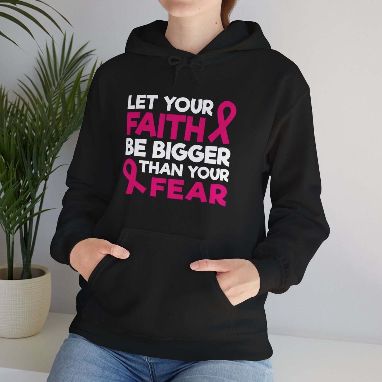 Pink Ribbon Faith Hooded Sweatshirt - Inspirational Gift for Breast Cancer Awareness, Cozy Fashion, Everyday Wear, Supportive Message