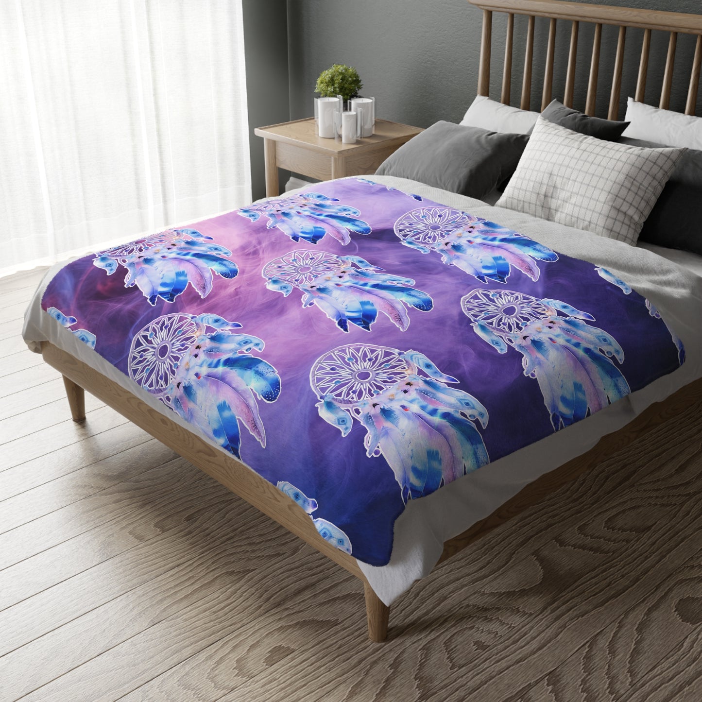 Dreamcatcher/floral design Velveteen Microfiber Blanket (Two-sided print)