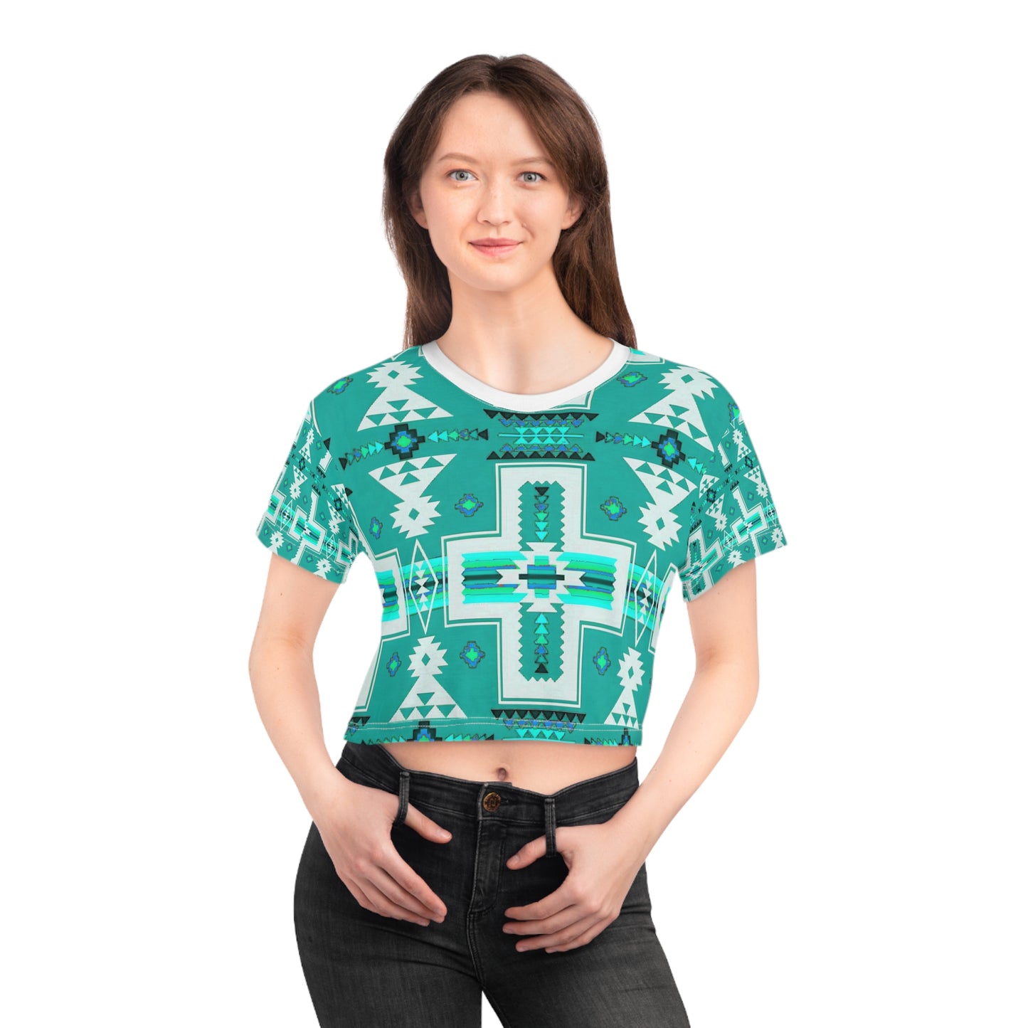Turquoise native print Crop Tee (AOP)