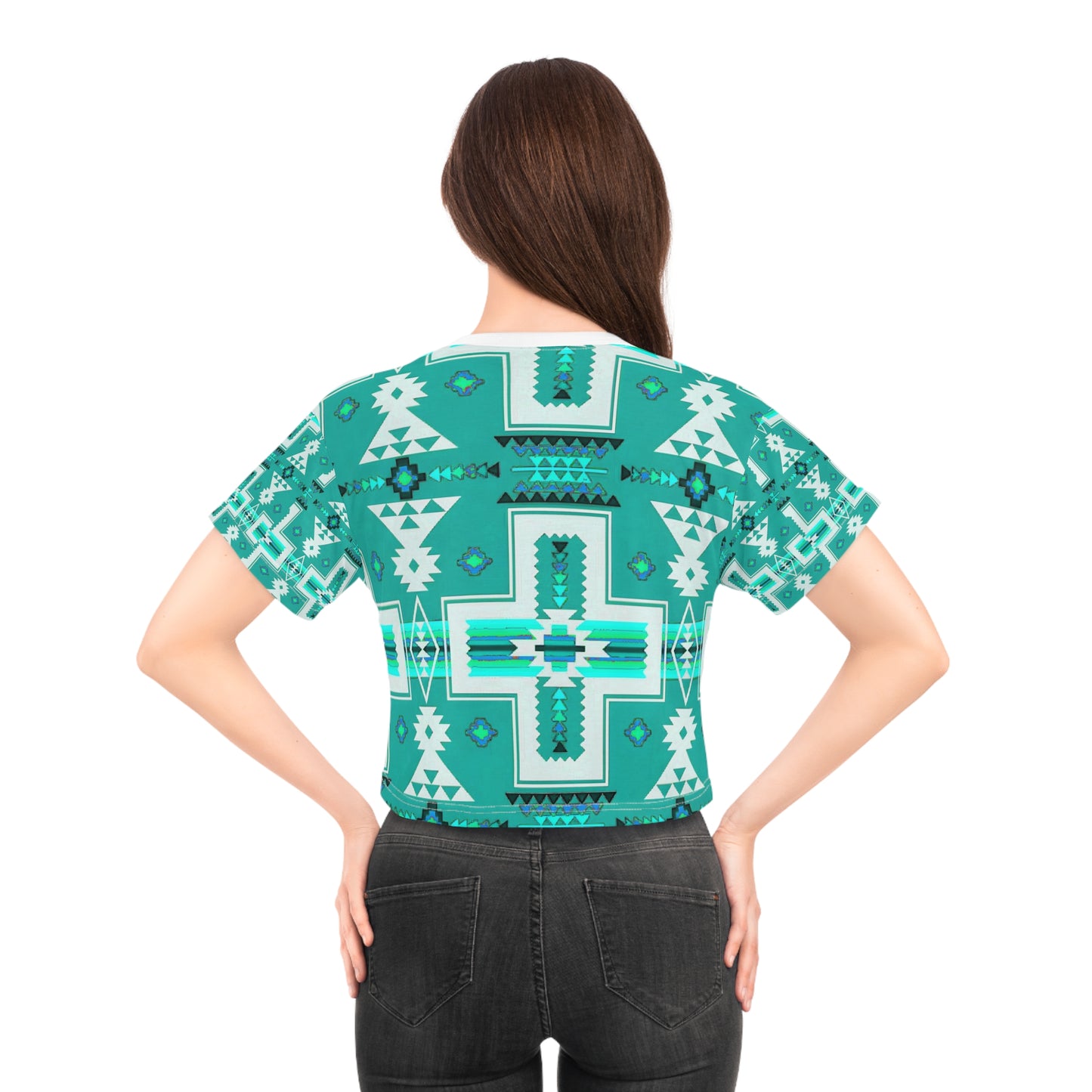 Turquoise native print Crop Tee (AOP)