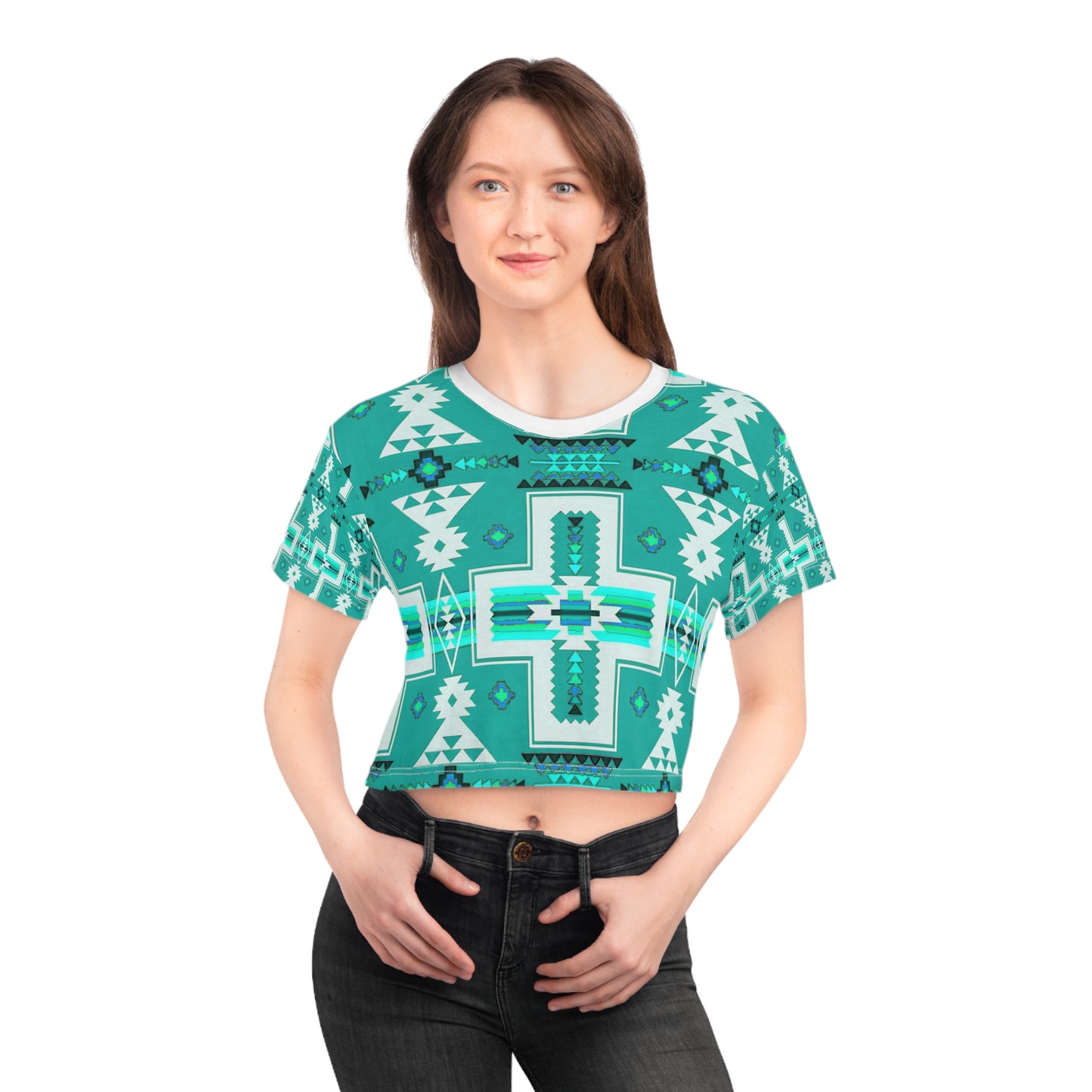 Turquoise native print Crop Tee (AOP)