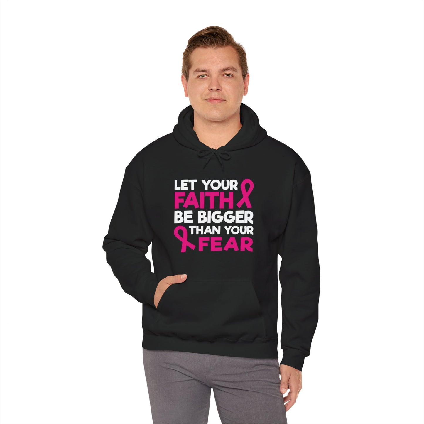 Pink Ribbon Faith Hooded Sweatshirt - Inspirational Gift for Breast Cancer Awareness, Cozy Fashion, Everyday Wear, Supportive Message