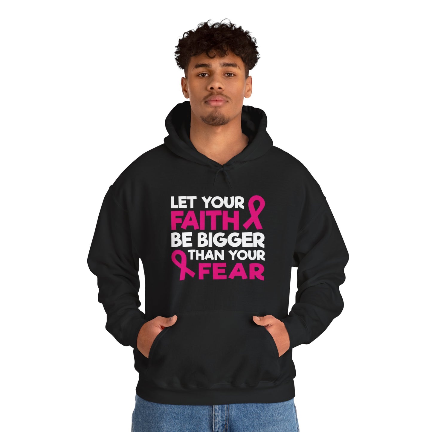Pink Ribbon Faith Hooded Sweatshirt - Inspirational Gift for Breast Cancer Awareness, Cozy Fashion, Everyday Wear, Supportive Message