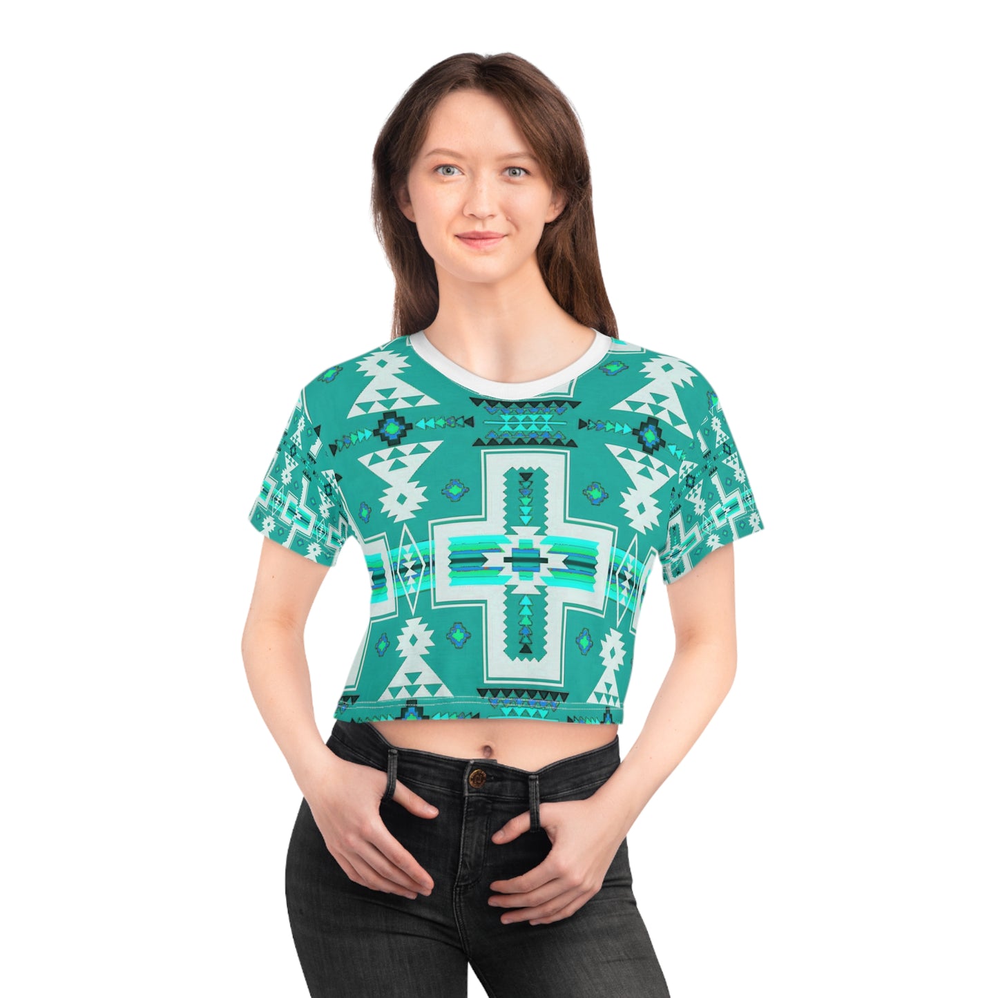 Turquoise native print Crop Tee (AOP)