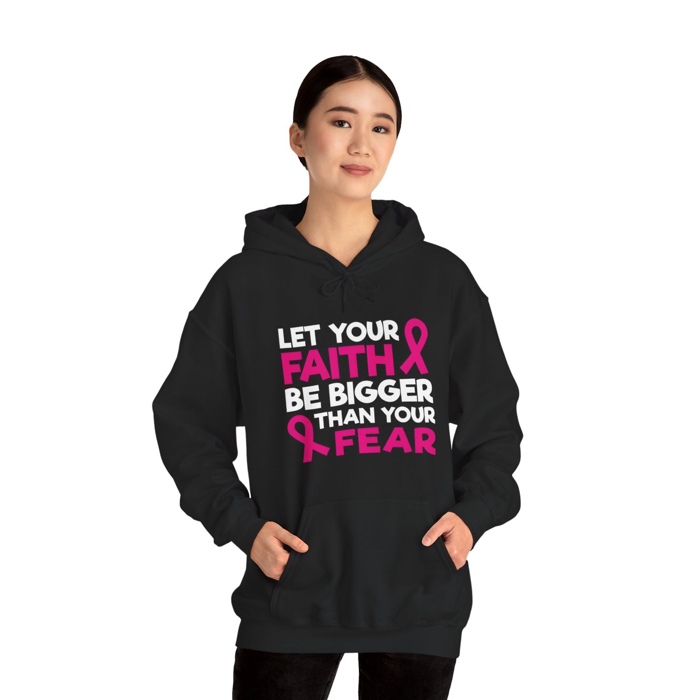 Pink Ribbon Faith Hooded Sweatshirt - Inspirational Gift for Breast Cancer Awareness, Cozy Fashion, Everyday Wear, Supportive Message